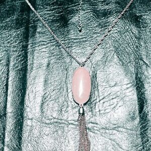 Rose Quartz Tassel Pendant Necklace in light pink Gold Tone